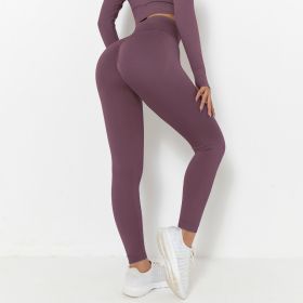 Seamless Knitted Solid Color Chest T-shirt Sports Running Fitness Yoga Wear Short-sleeved Top For Women (Option: Pants Purple Red-L)