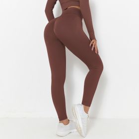 Seamless Knitted Solid Color Chest T-shirt Sports Running Fitness Yoga Wear Short-sleeved Top For Women (Option: Pants Coffee-L)
