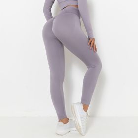 Seamless Knitted Solid Color Chest T-shirt Sports Running Fitness Yoga Wear Short-sleeved Top For Women (Option: Pants Light Purple-L)