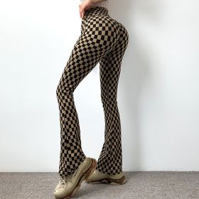 High Waist Wide Leg Yoga Pants Slim Fit Fitness (Option: Brown Black Checkerboard-L)