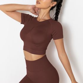 Seamless Knitted Solid Color Chest T-shirt Sports Running Fitness Yoga Wear Short-sleeved Top For Women (Option: Coffee-L)