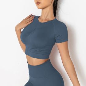 Seamless Knitted Solid Color Chest T-shirt Sports Running Fitness Yoga Wear Short-sleeved Top For Women (Option: Purplish Blue-L)